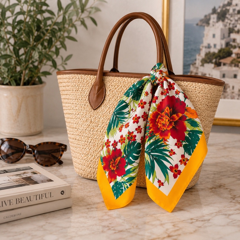 Tropical Floral Hibiscus Square Scarf Resort Vacation Retro Boho Yellow 34x34 in